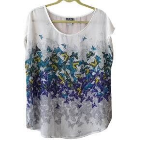 dots Boho Sheer Lightweight Butterfly Print Pullover Blouse Size 1X Blue White